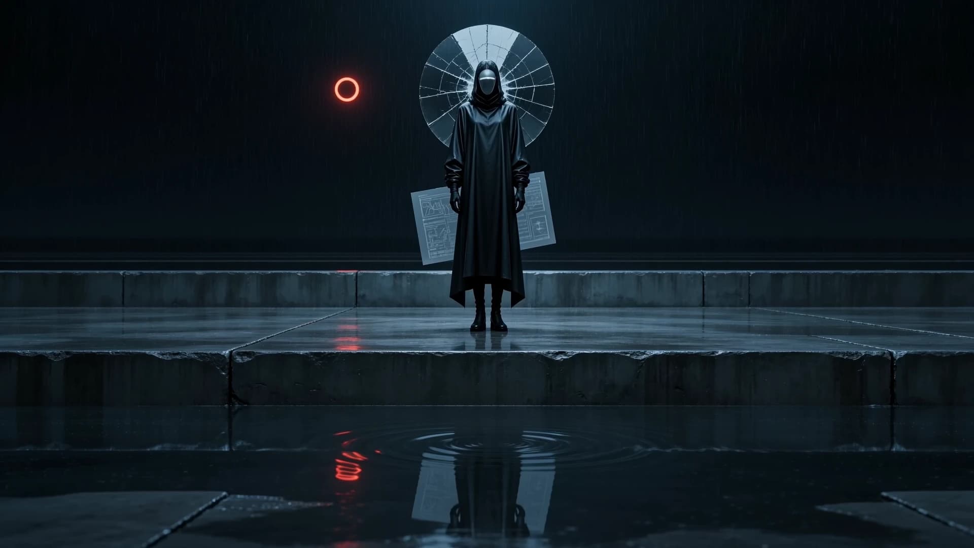 Graphic-novel market witness alone on a rain-soaked elevated train platform beneath a red umbra ring